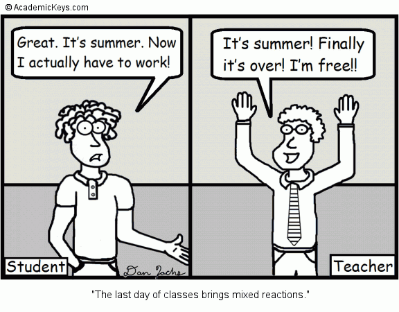 Cartoon #20, The last day of classes brings mixed reactions.